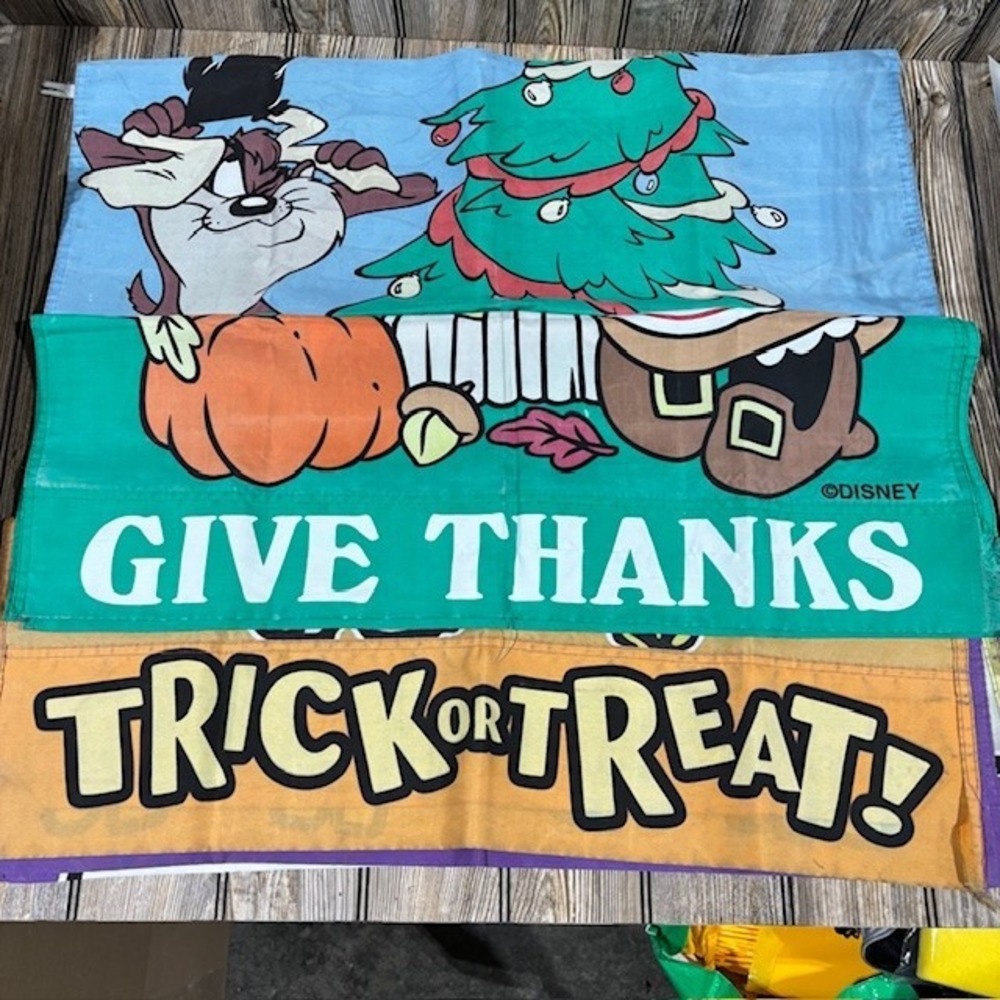 Lot of 3 Vintage Holiday Garden Outdoor Flags, Halloween, Thanksgiving, Christma